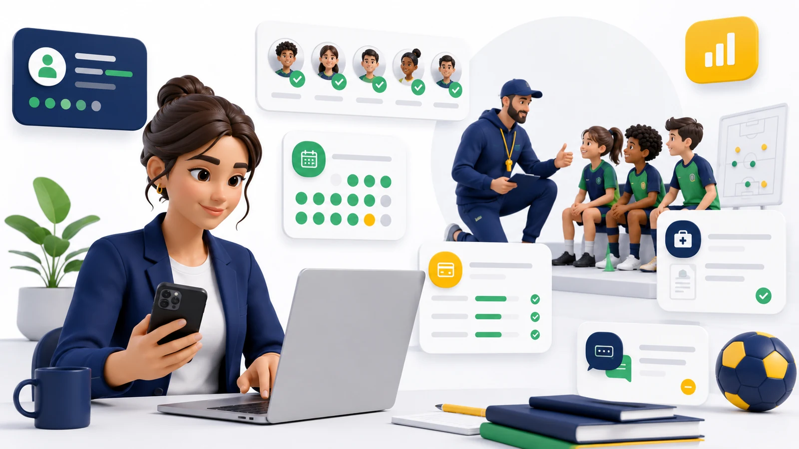 Ilustración de gestión deportiva con app, alumnos, pagos, asistencia y mensajes